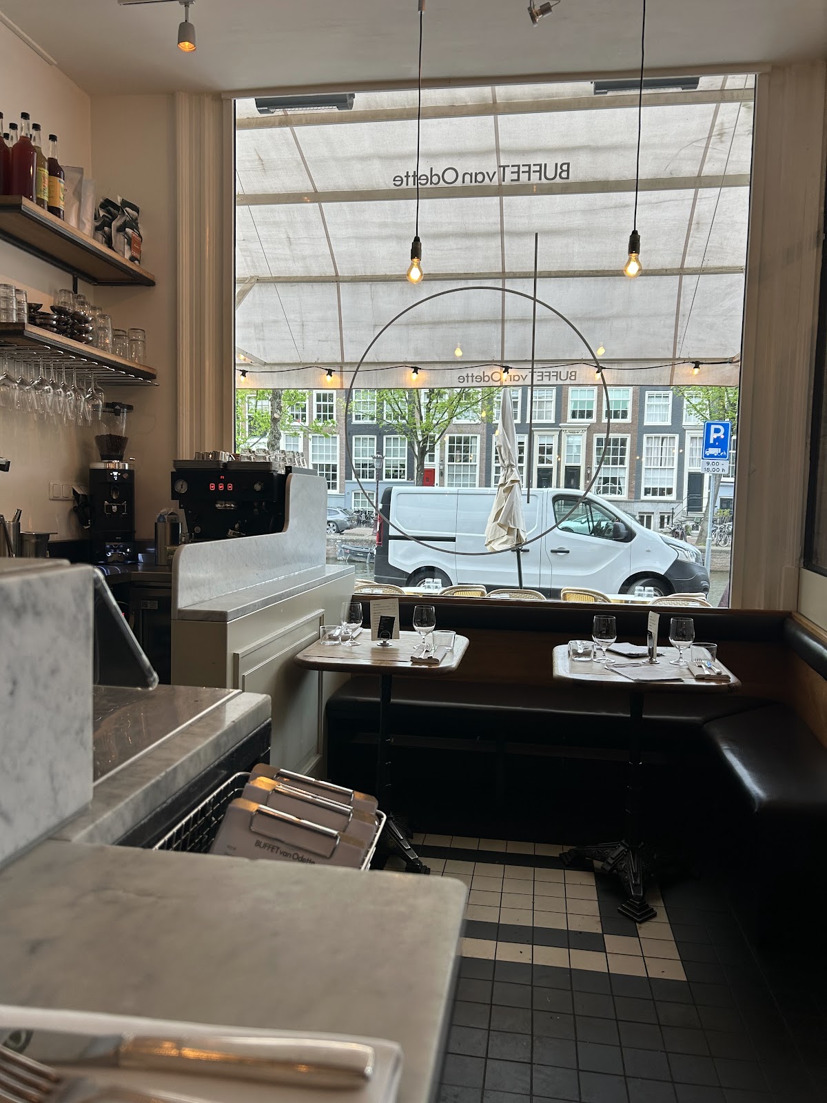 Natural wine shelf at Buffet van Odette