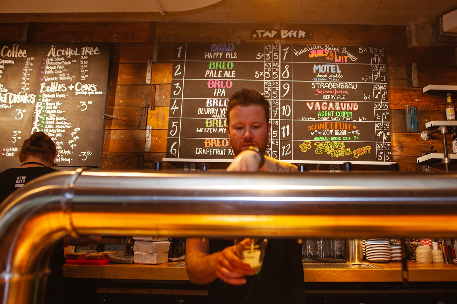 Warm wooden craft beer bar interior at night, similar in mood to Kaschk by BRLO in Berlin Mitte