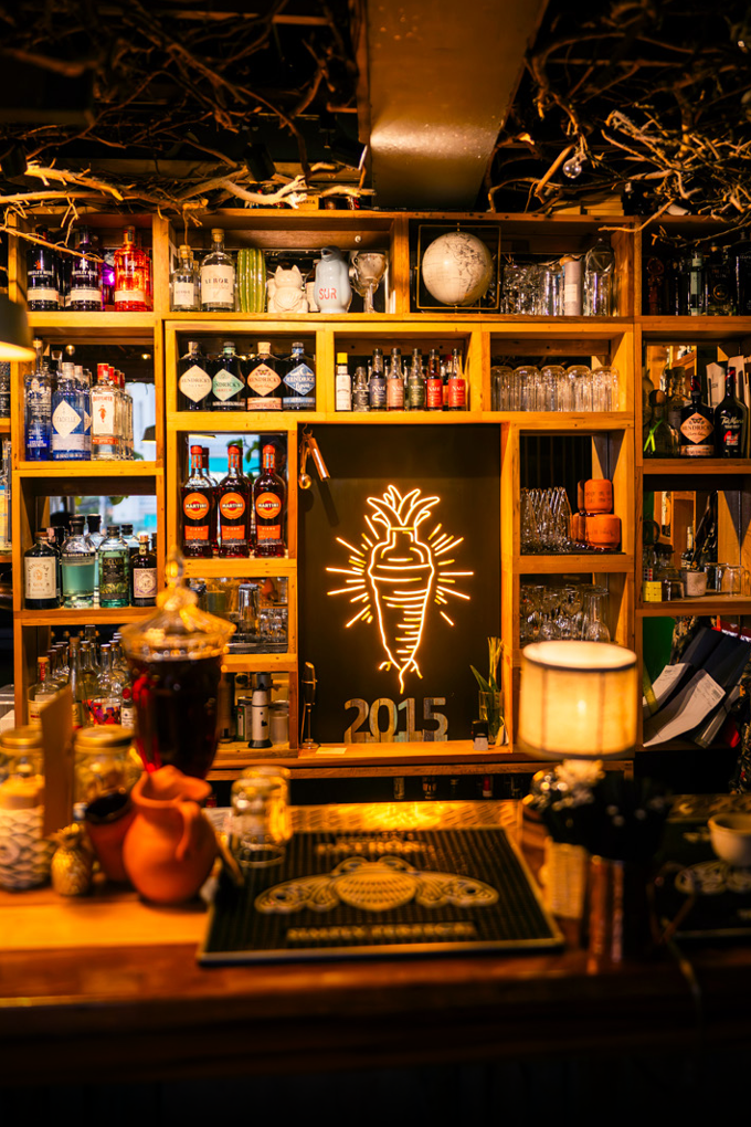 Cocktail glasses on a dark counter