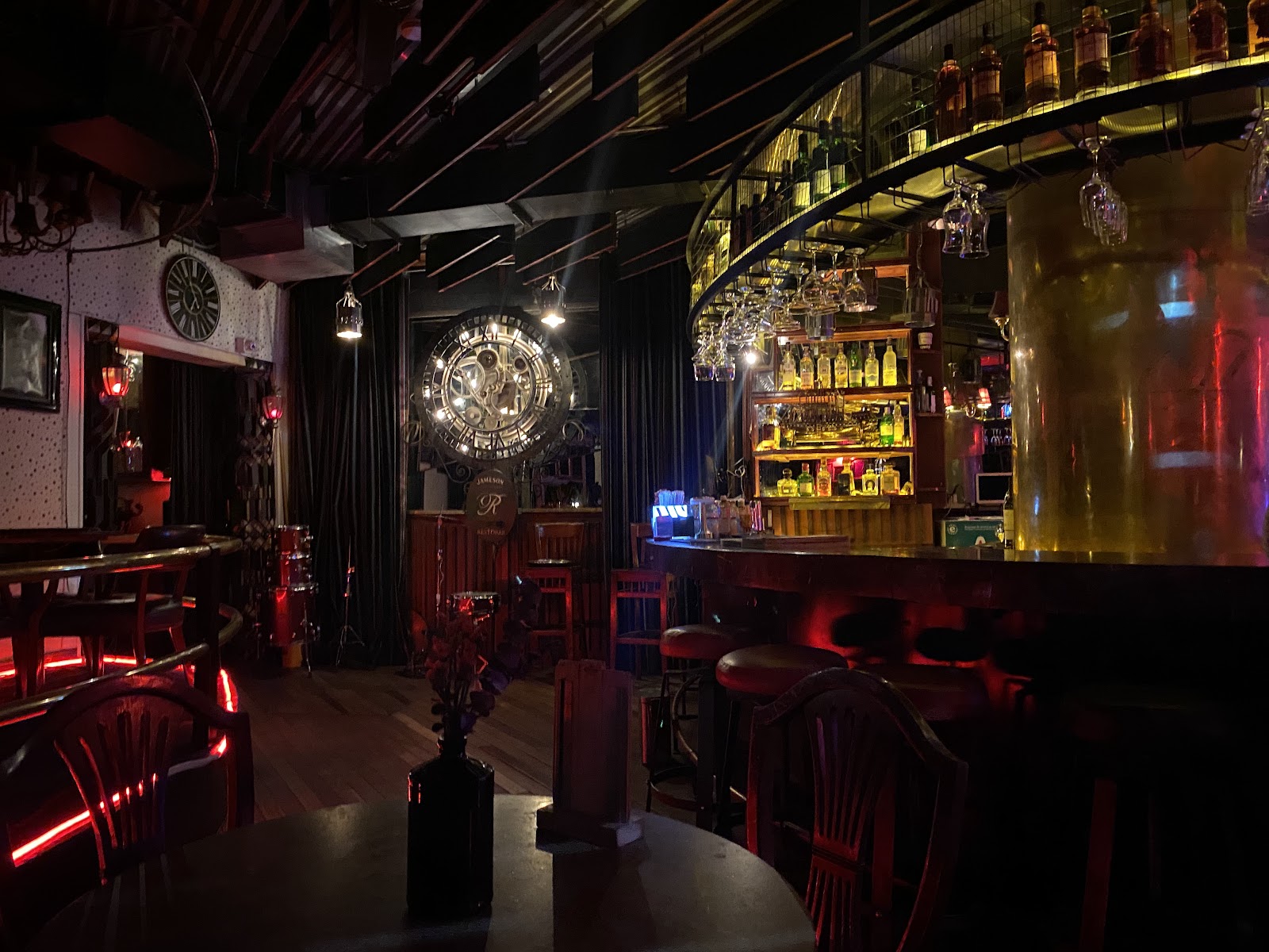 Musicians playing in a dim bar