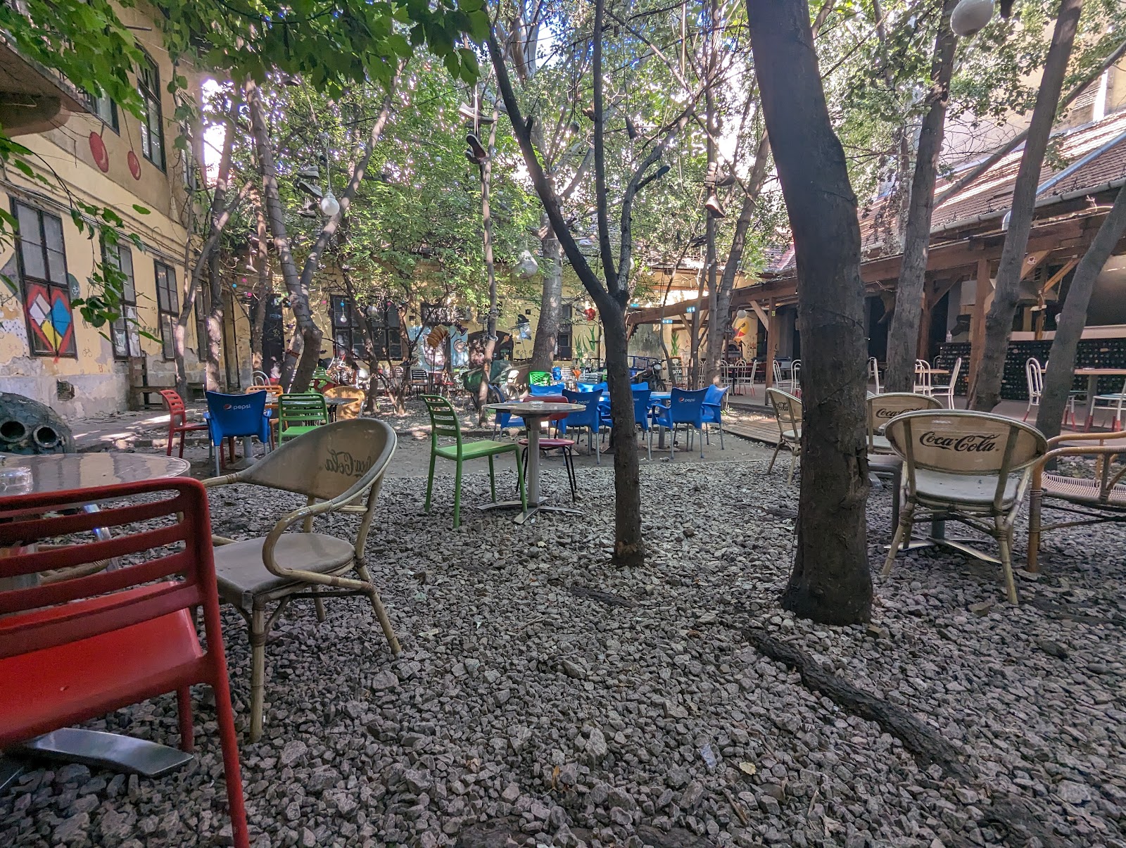 Courtyard bar seating under plants and lights