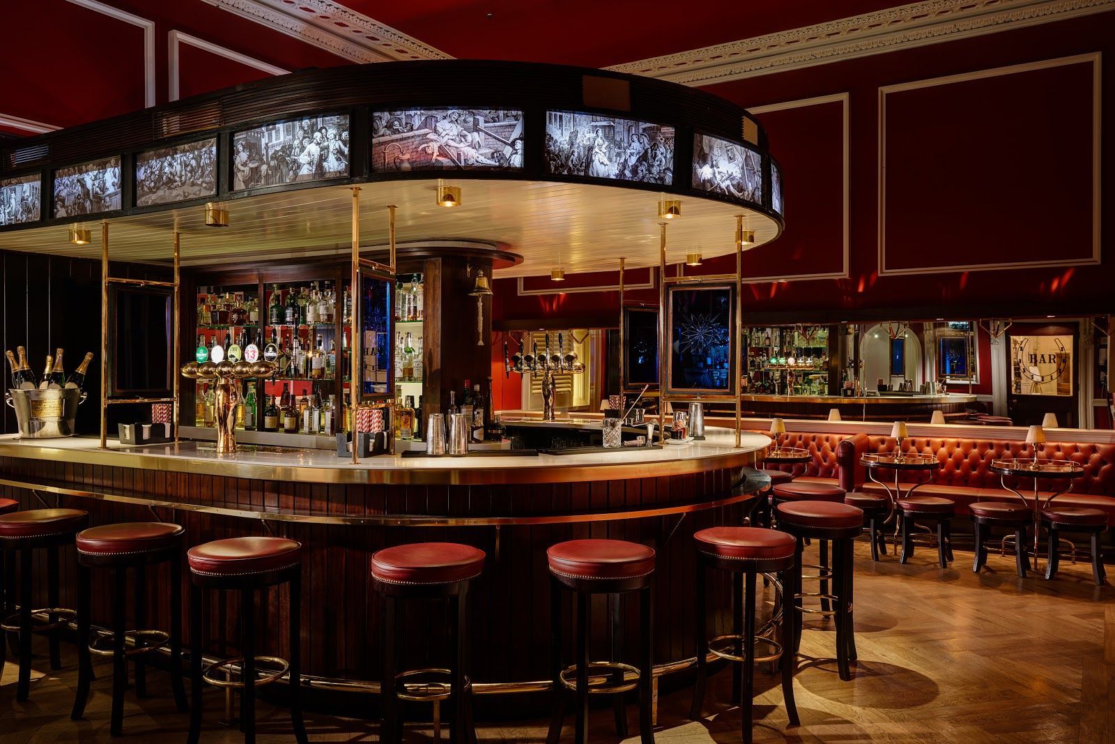 Historic hotel bar interior in Dublin with mahogany counter at The Horseshoe Bar Shelbourne