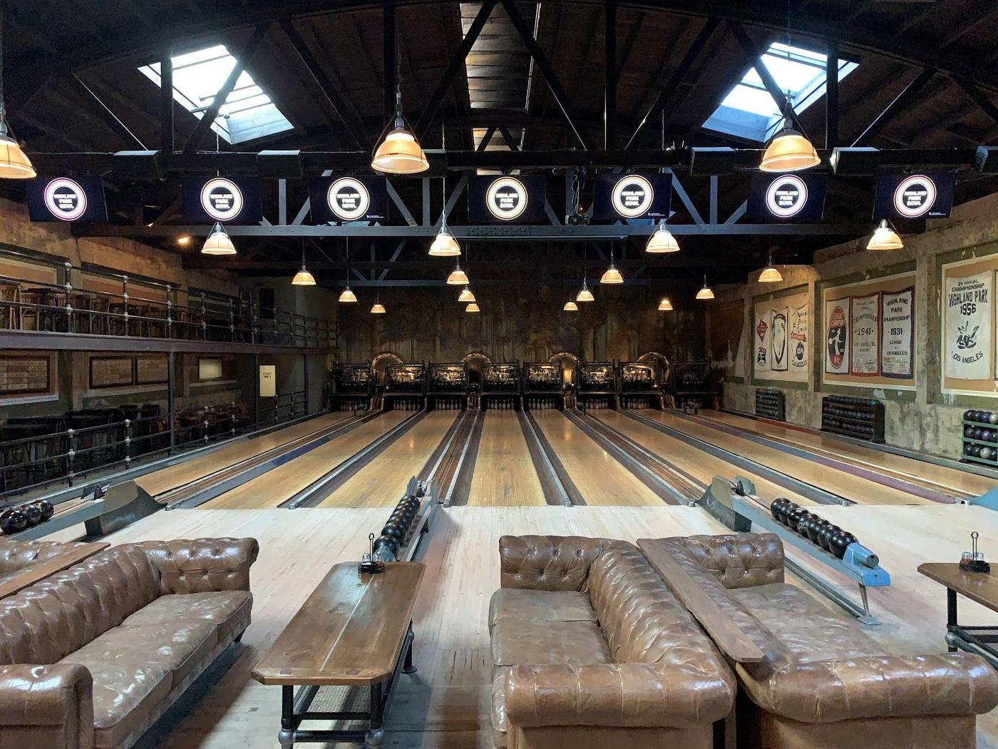 Highland Park Bowl interior with bowling lanes and live music stage Los Angeles