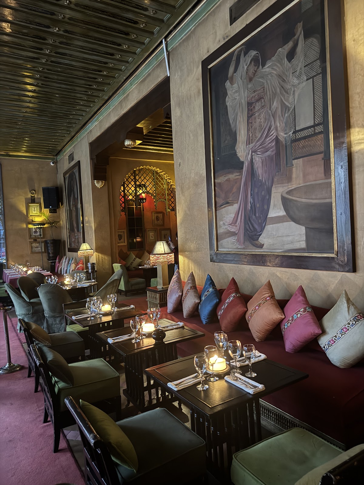 Warm lit lounge seating at night