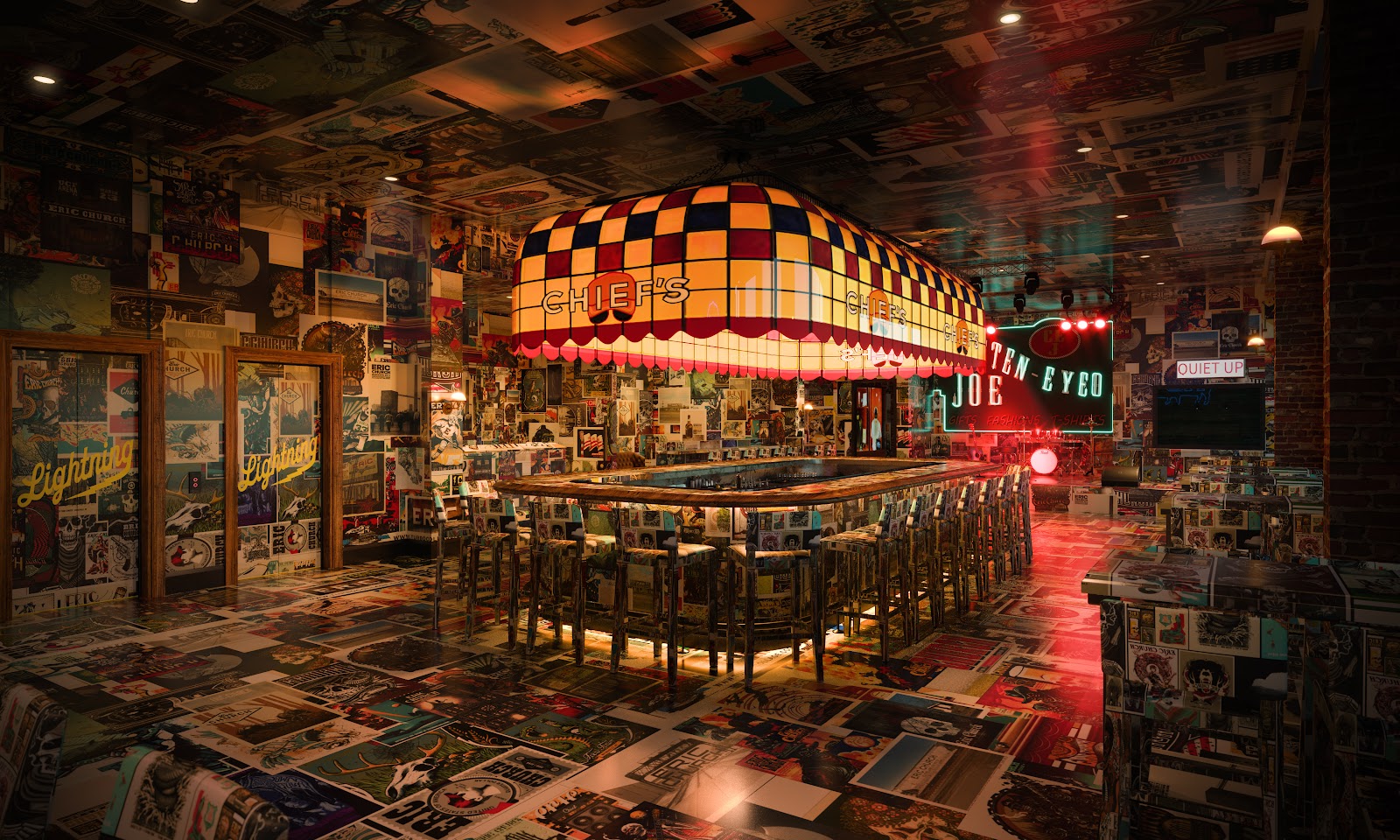 Live music venue stage with stage lighting in a Nashville bar