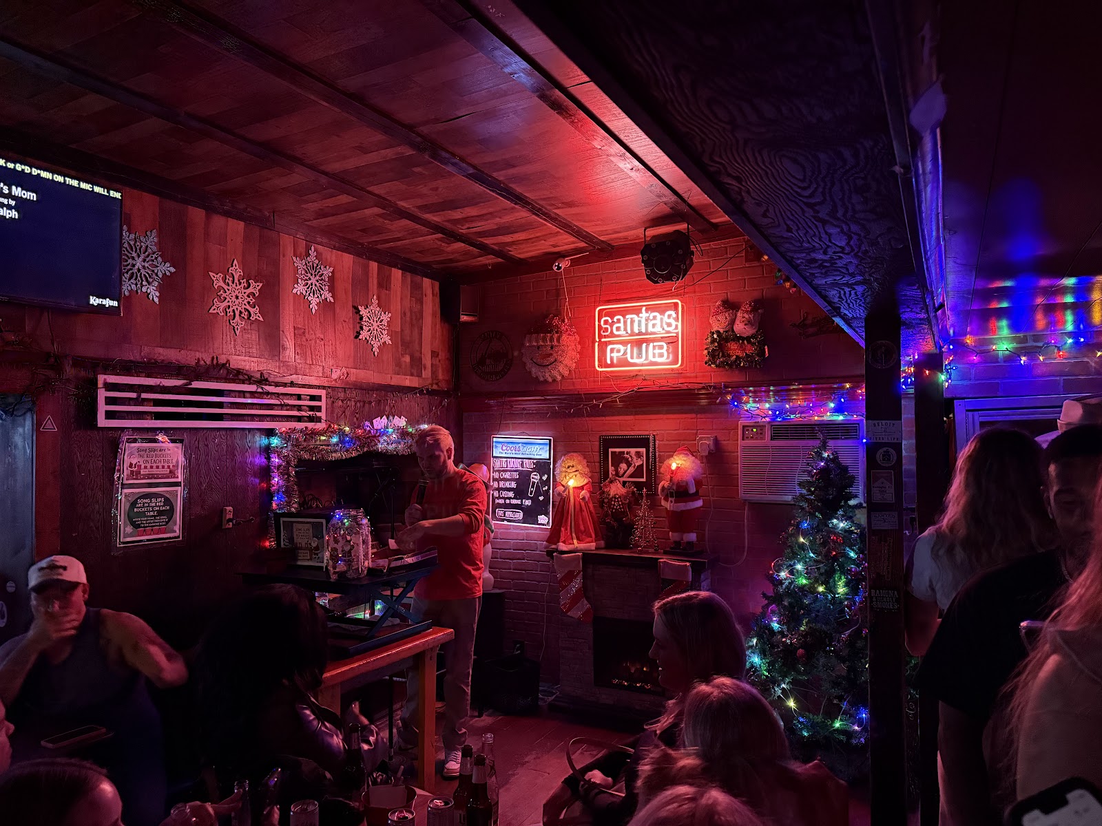 Low-lit dive bar strung with Christmas lights and a karaoke stage in Nashville