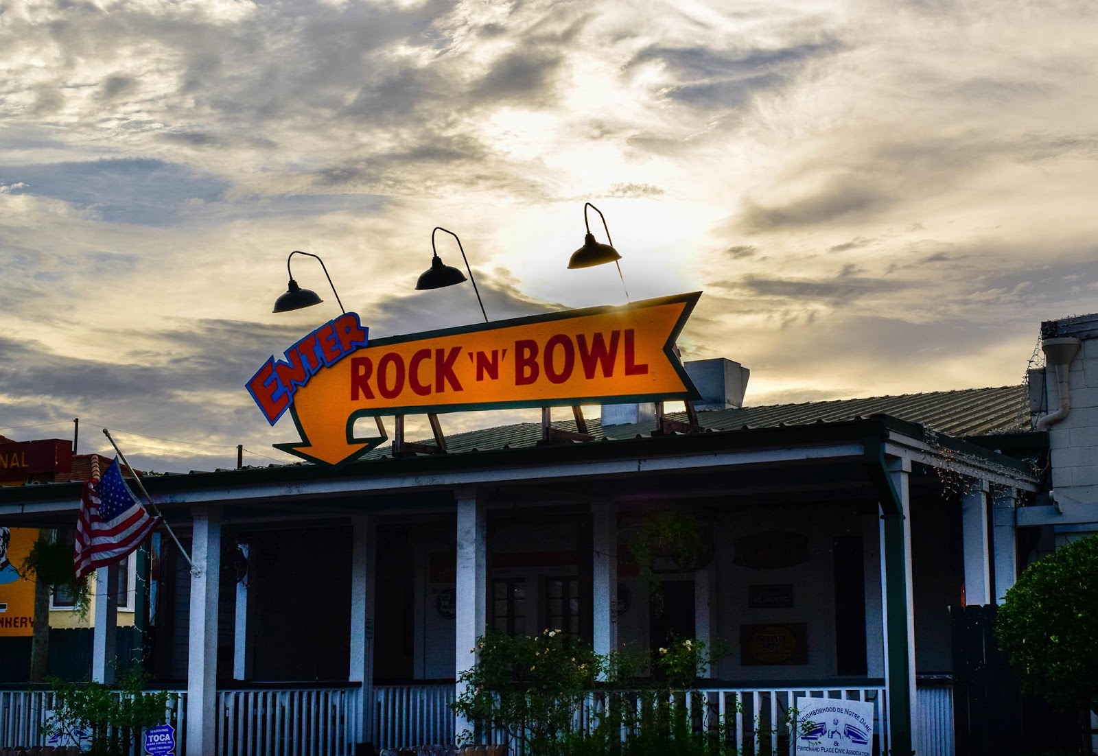 Rock 'n' Bowl bowling lanes and bandstand on South Carrollton Avenue, New Orleans