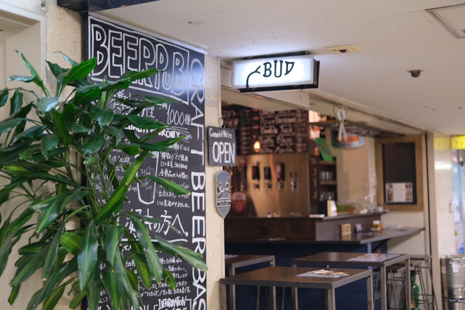 Craft beer taps and bottles lining the counter of an Osaka beer dining bar