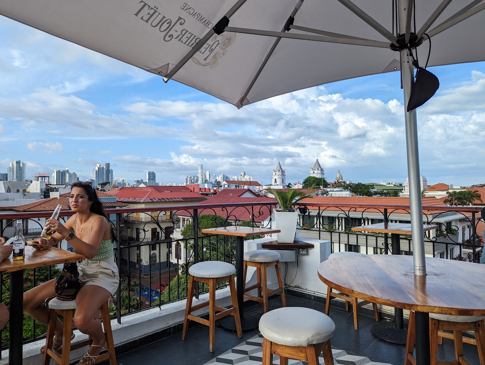 Rooftop terrace bar above the old quarter rooflines in Panama City