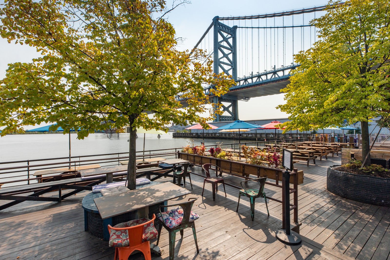 Outdoor beer garden on the Delaware River waterfront in Philadelphia