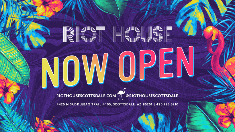 Tropical-themed nightclub with palm decor and bar at Riot House, Old Town Scottsdale