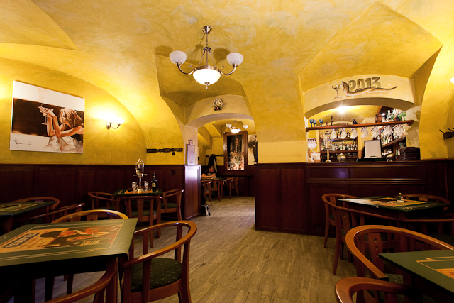 Absinthe service set on the bar at Absinthe Time in Prague