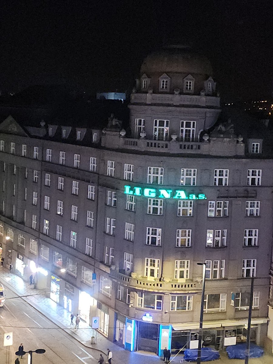 Duplex rooftop club glass cube above Wenceslas Square in Prague interior