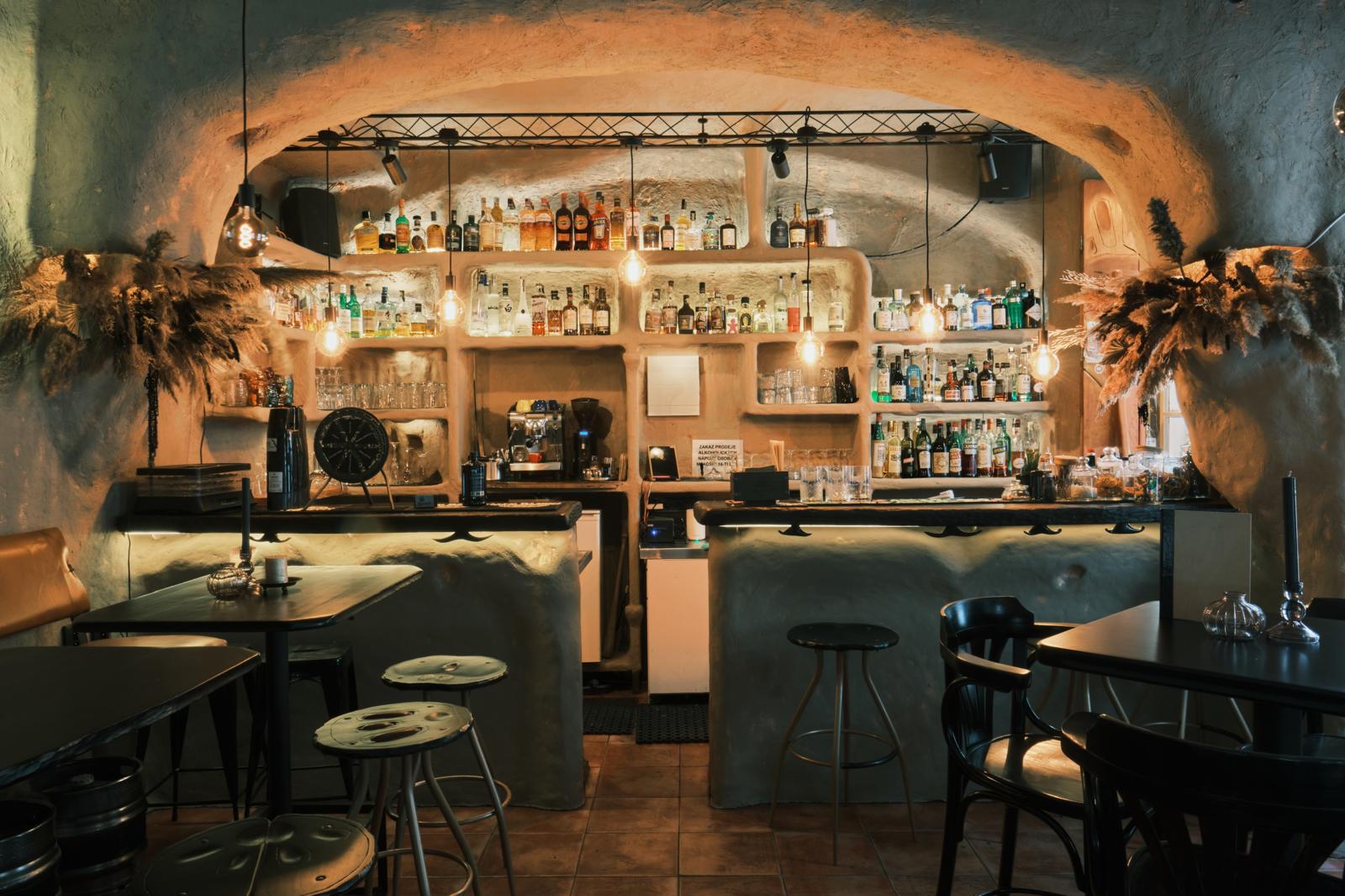 Small Old Town cocktail bar interior on Haštalská in Staré Město, Prague