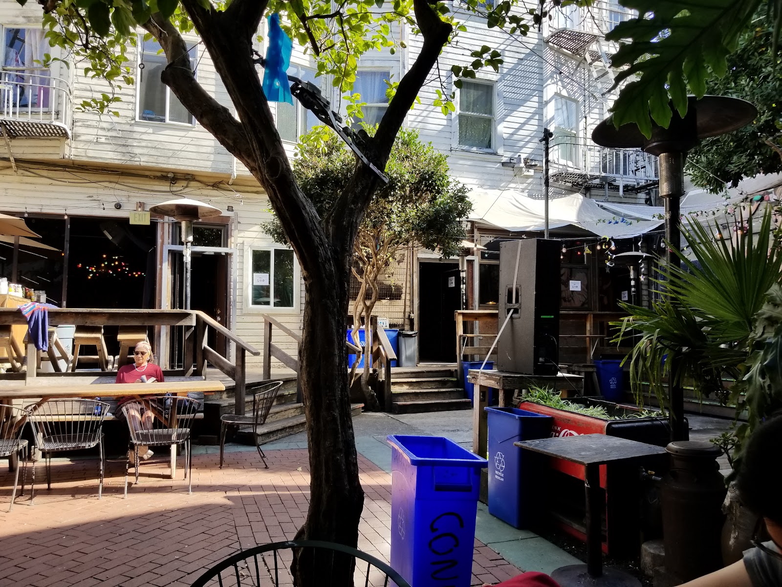 String-lit back patio of a neighbourhood bar in the Mission, San Francisco