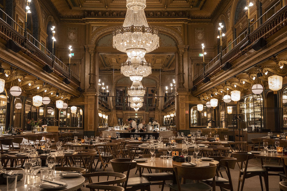Grand chandelier-lit main hall at Berns Salonger, Berzelii Park Stockholm