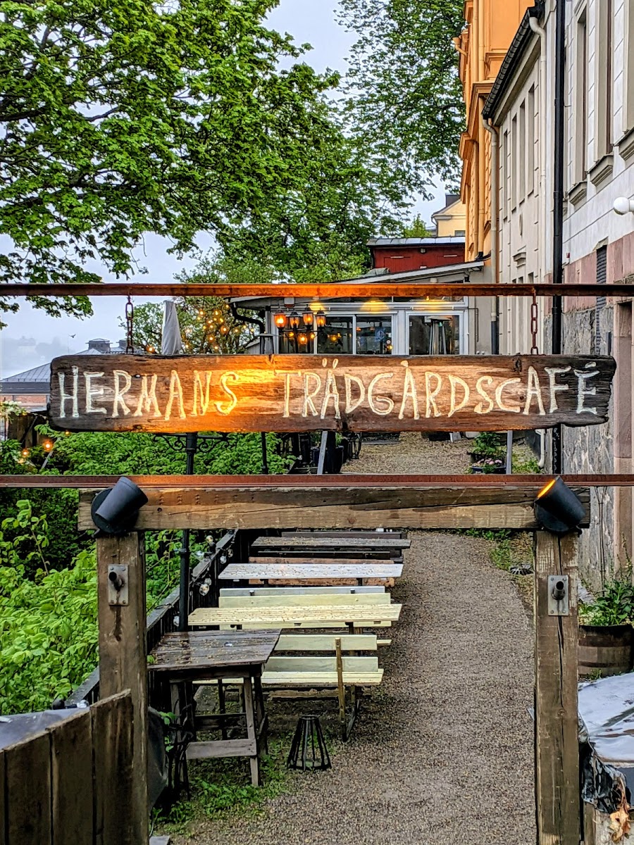 Terrace tables with a view over Saltsjon and Gamla Stan