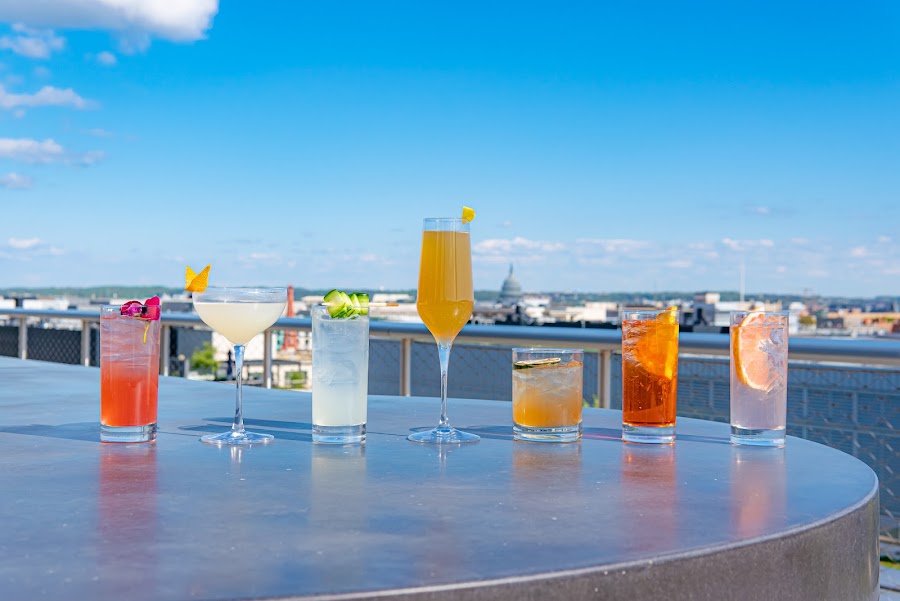 Evening skyline view from a downtown rooftop terrace