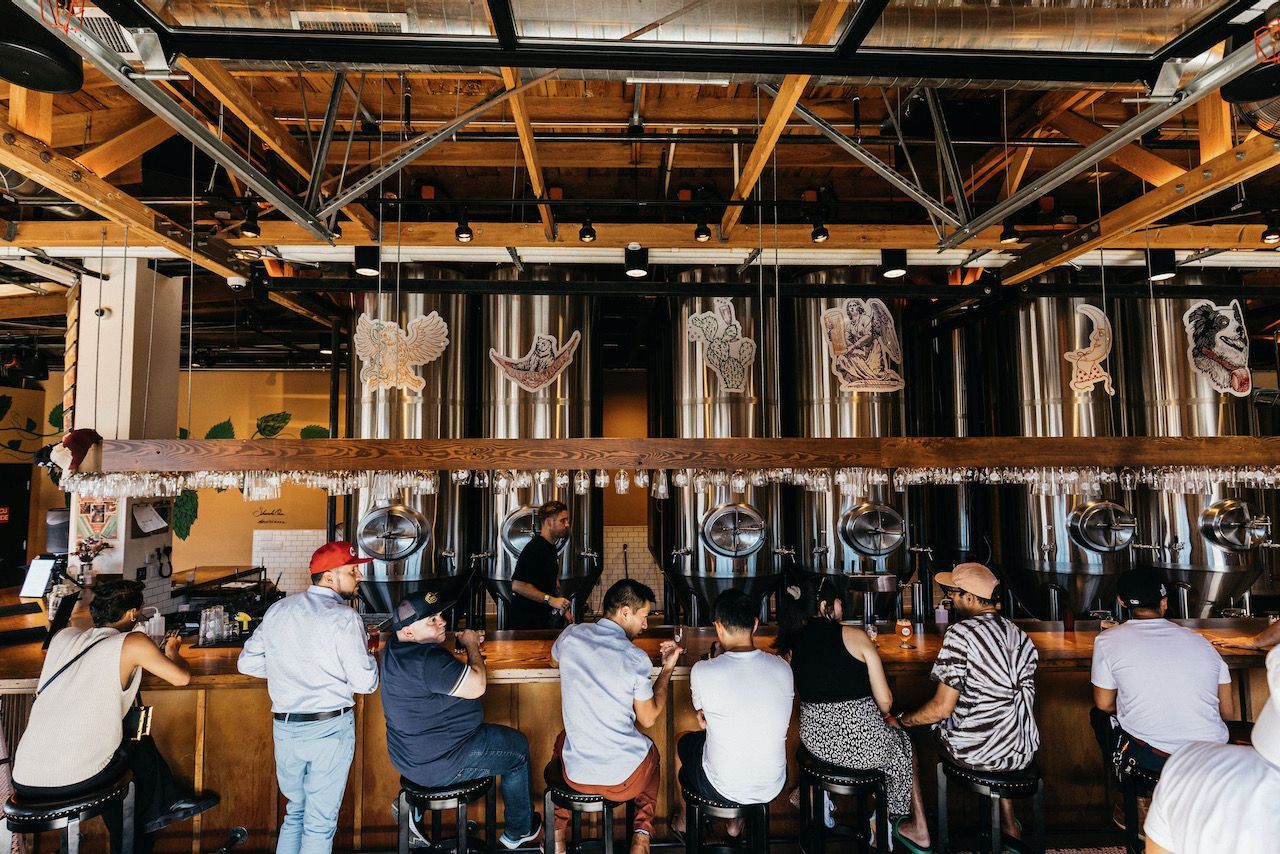 Flight of four craft beers on a wooden bar table