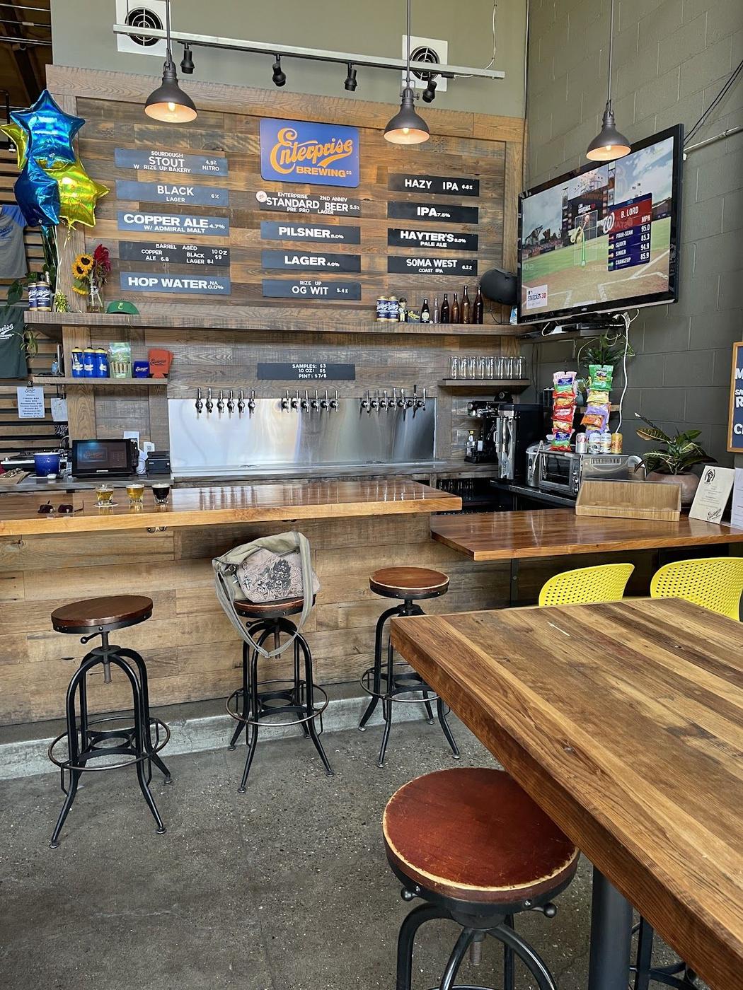 Glasses of craft beer on a wooden bar counter